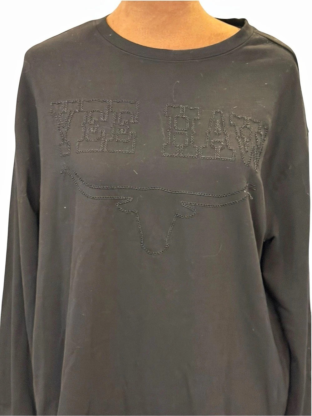 Embroidered Yee Haw Sweatshirt Crewneck Longhorn Black On Black Small Relaxed - Picture 4 of 16